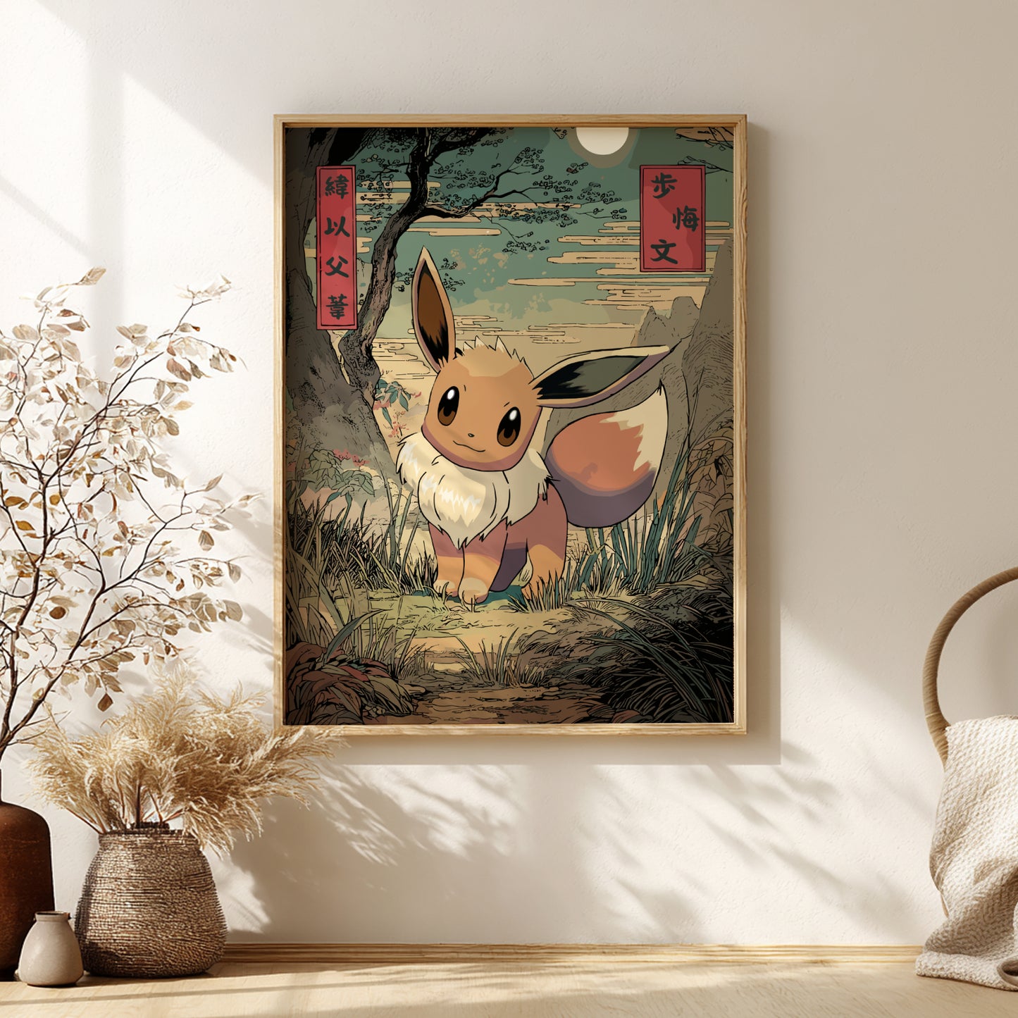 Framed artwork of Eevee Pokemon character in a natural setting on a wall with decorative elements.