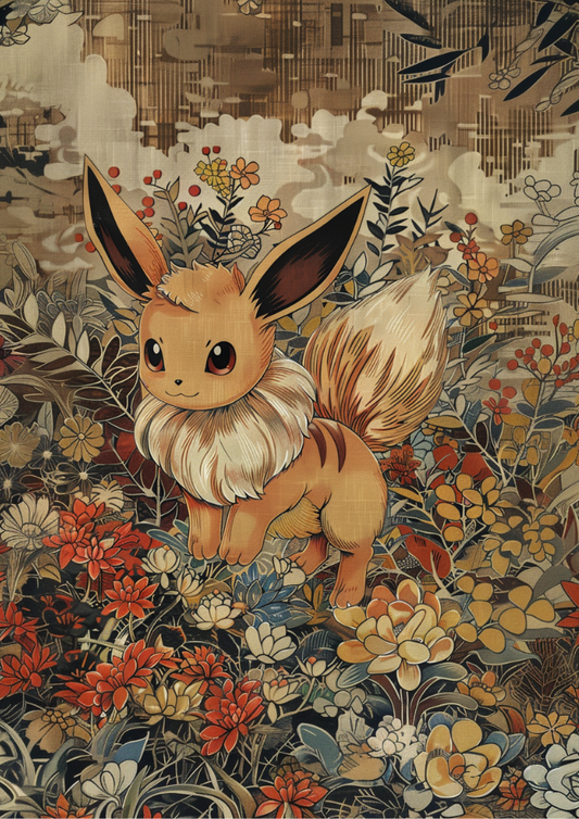 Affiche d'art japonais Évoli - Élégante tapisserie Pokémon pour les fans d'anime et de jeux vidéo