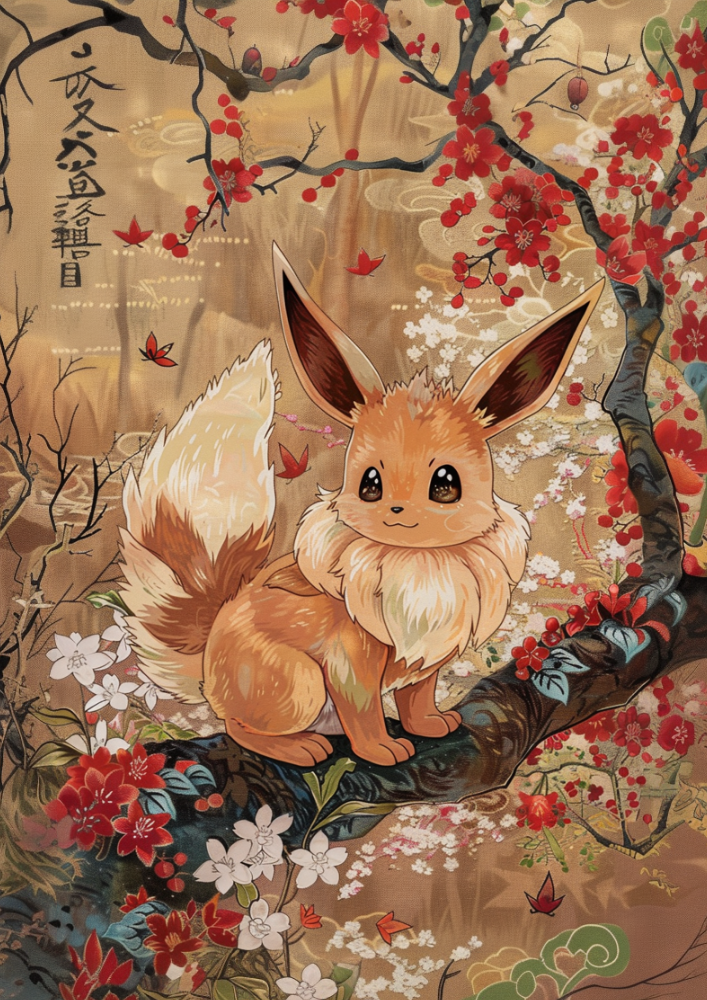 Affiche Pokémon Évoli - Style tapisserie japonaise