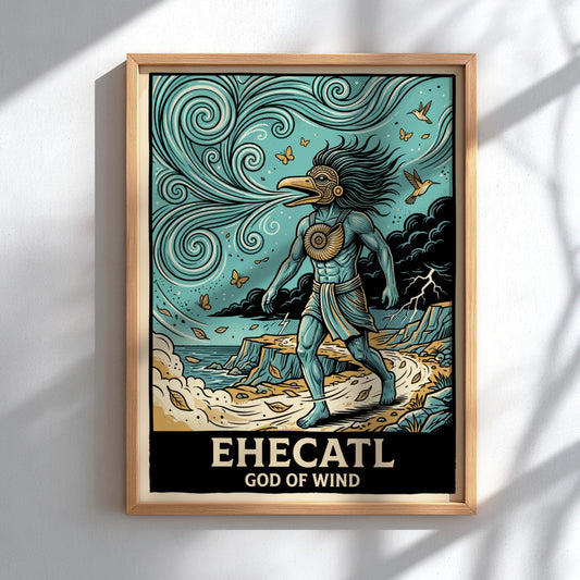 Poster of Ehecatl God of Wind with blue skin, bird mask, and swirling breeze.