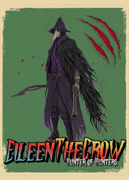Illustration of Eileen The Crow from Bloodborne, set against a green background with red claw marks.