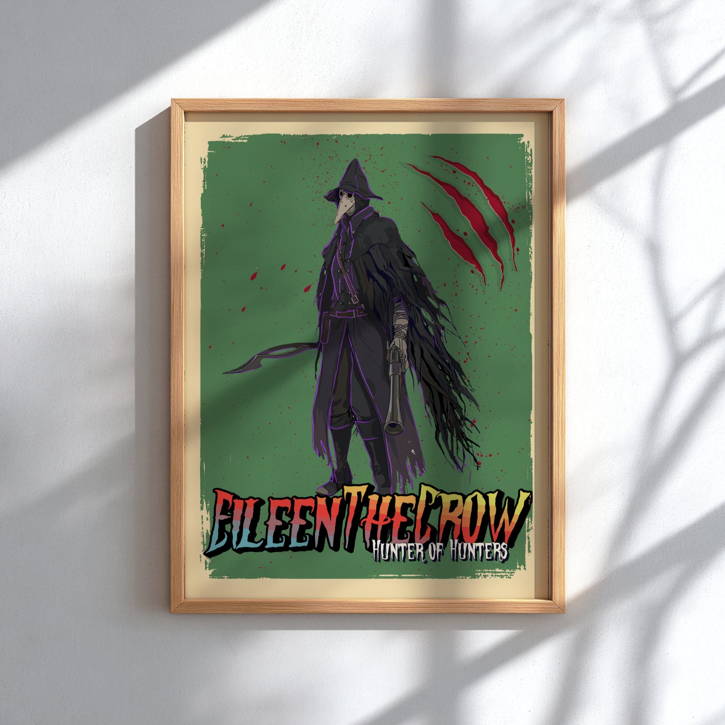 Framed artwork of a character with a green background and red accents, featuring Eileen The Crow from Bloodborne