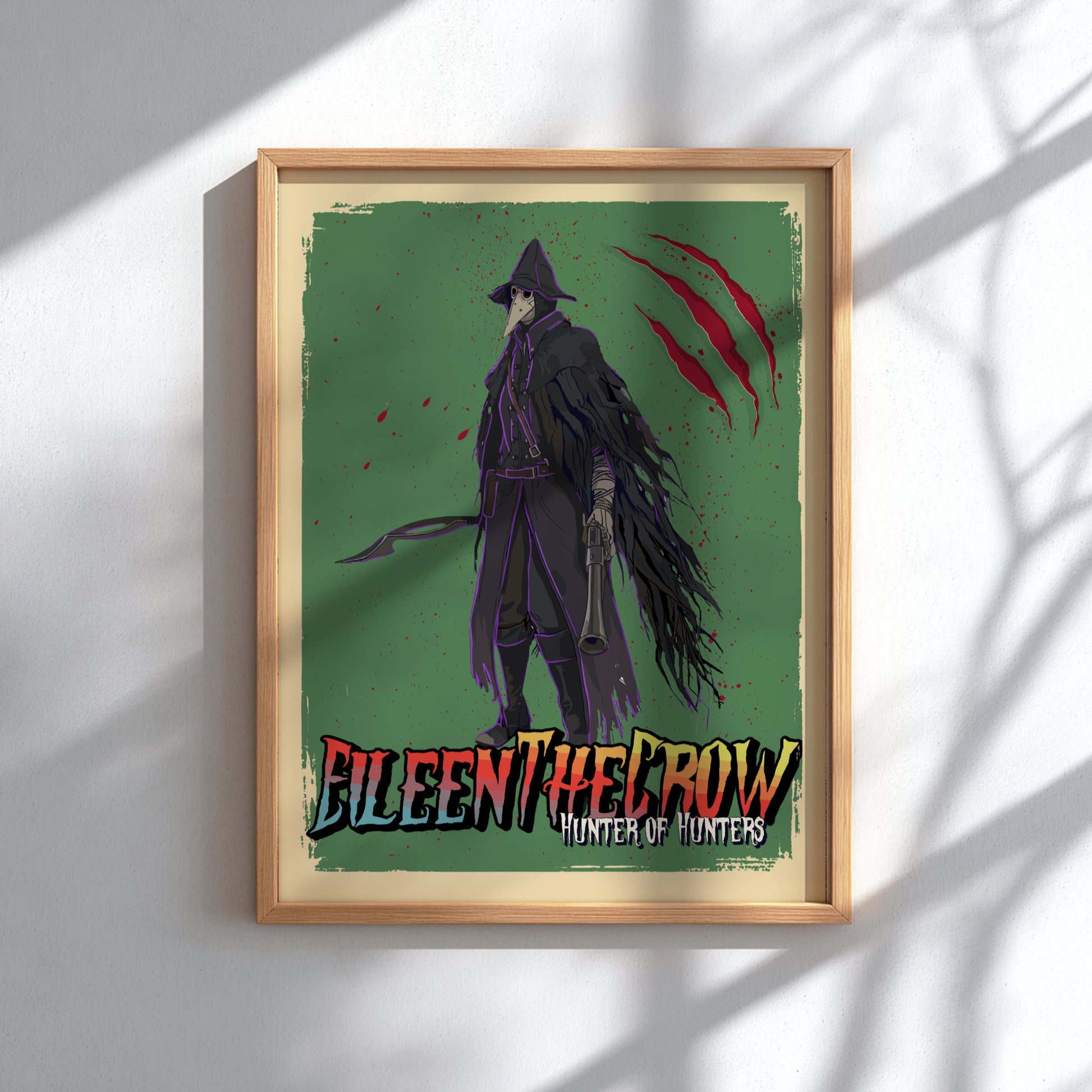Framed artwork of a character with a green background and red accents, featuring Eileen The Crow from Bloodborne