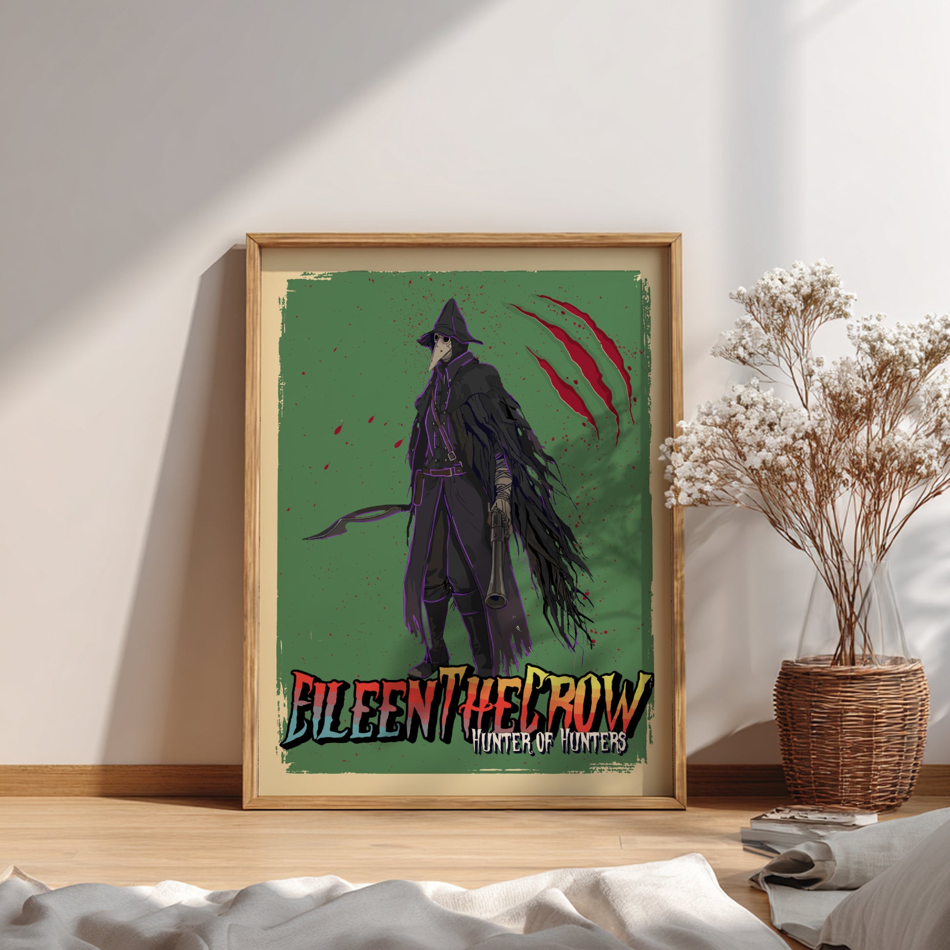 Framed poster of Eileen The Crow from Bloodborne on a green background, placed on a wooden surface.