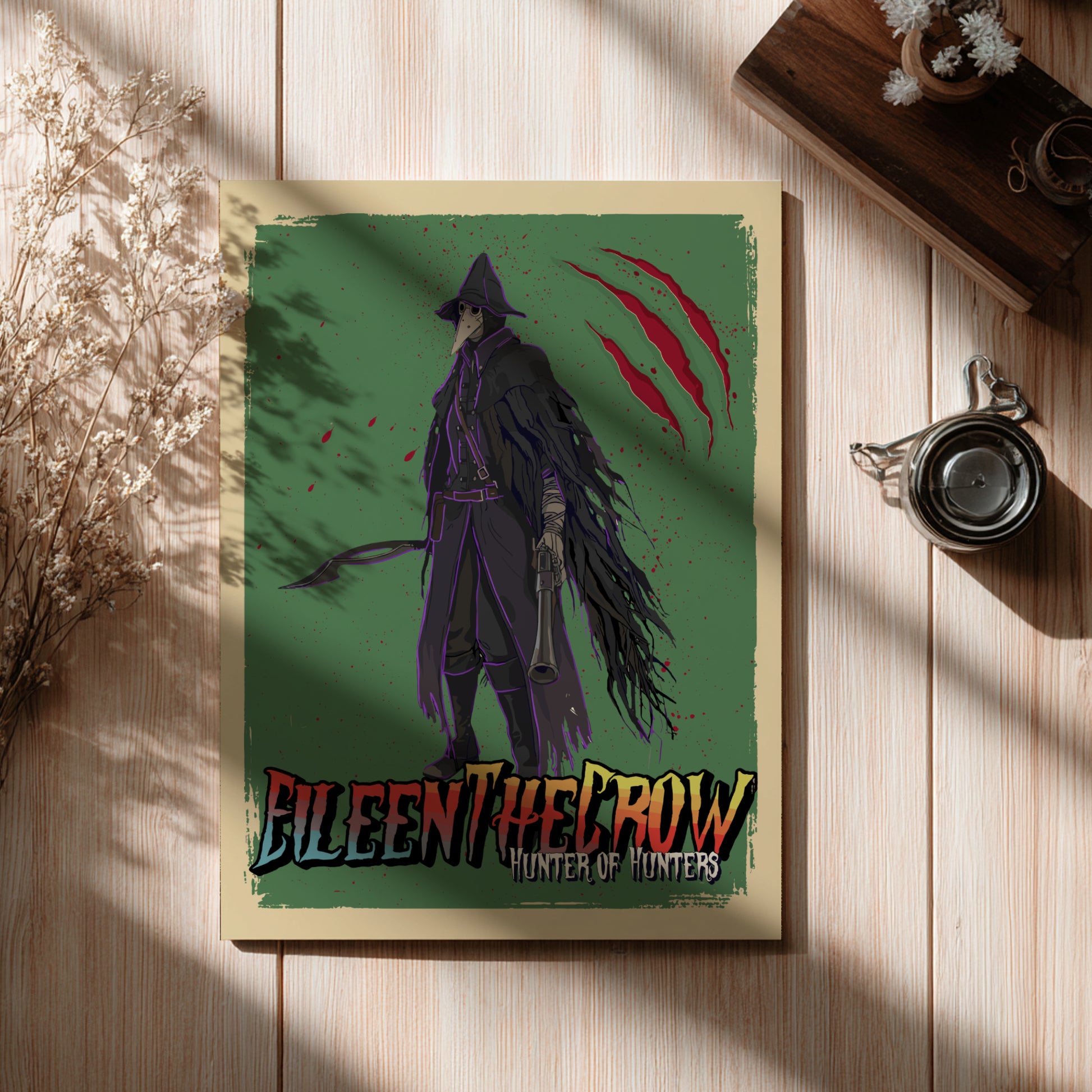 Poster of Eileen The Crow from Bloodborne on a wooden surface with decorative elements.