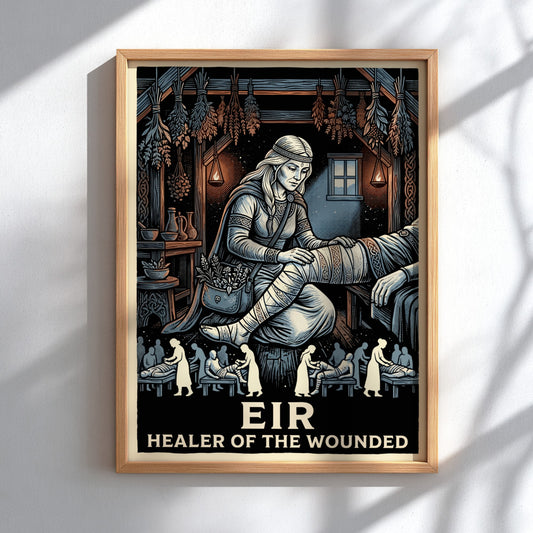 Poster featuring Norse goddess Eir healing the wounded in a detailed woodcut style illustration.