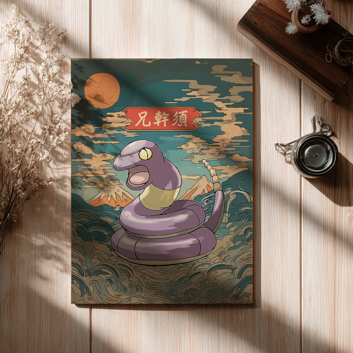 Poster with Ekans Pokemon illustration on a wooden surface