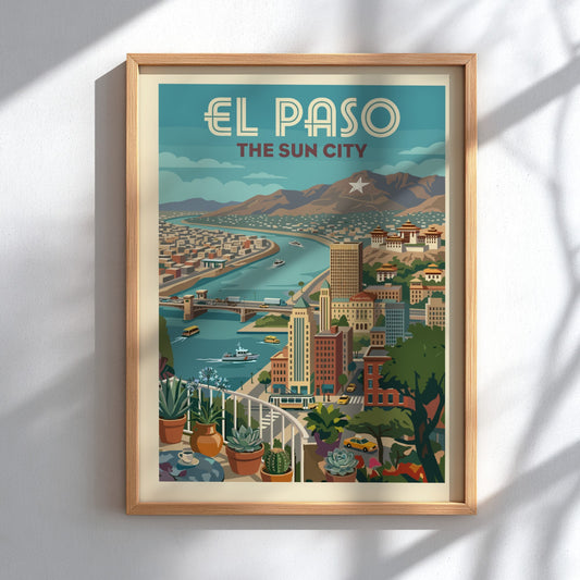 Retro El Paso skyline art print featuring a cityscape with a river, buildings, and mountains in a vintage