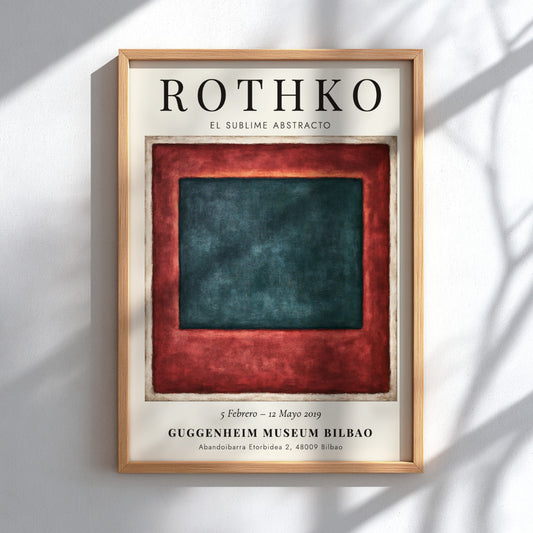 Wall art poster of Mark Rothko exhibition featuring deep teal and red blocks.