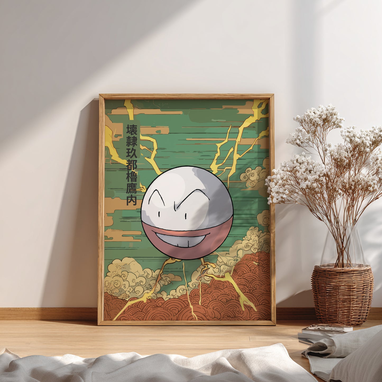 Framed artwork of a Electrode Pokemon character on a wall with a vase of flowers in the corner.