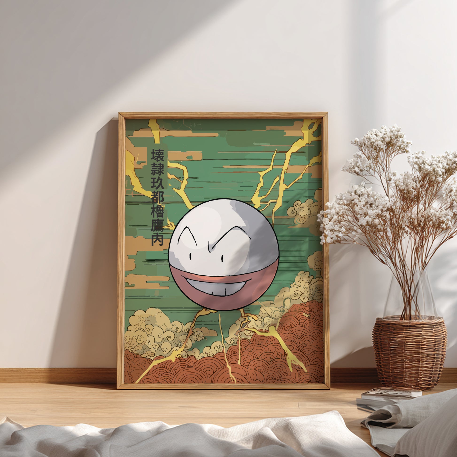 Framed artwork of a Electrode Pokemon character on a wall with a vase of flowers in the corner.