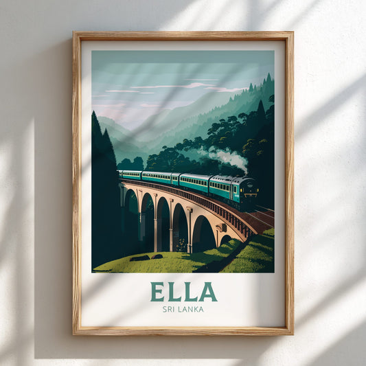 Framed artwork of a train on a bridge with 'Ella, Sri Lanka' text