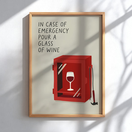 Poster featuring a red emergency cabinet containing a wine glass on cream background.