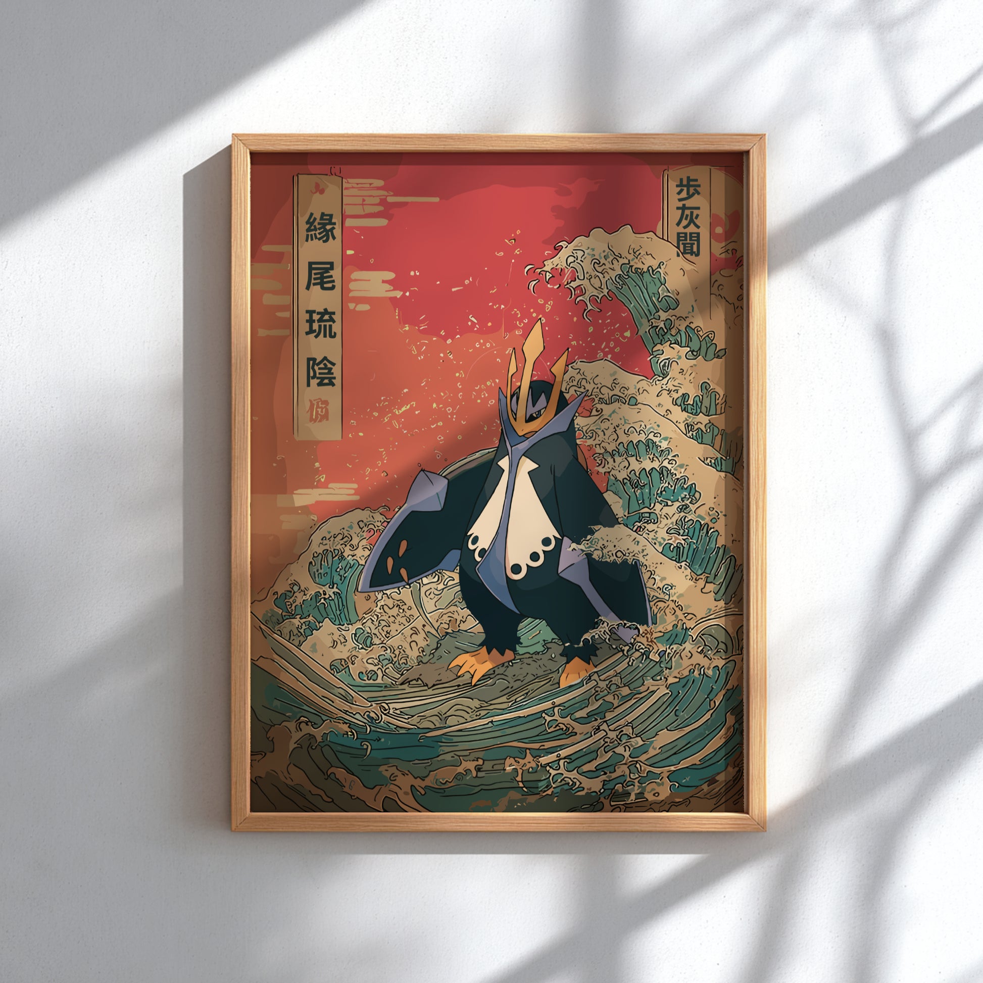 Framed artwork of Empoleon Pokemon character with a traditional Japanese design on a wave.