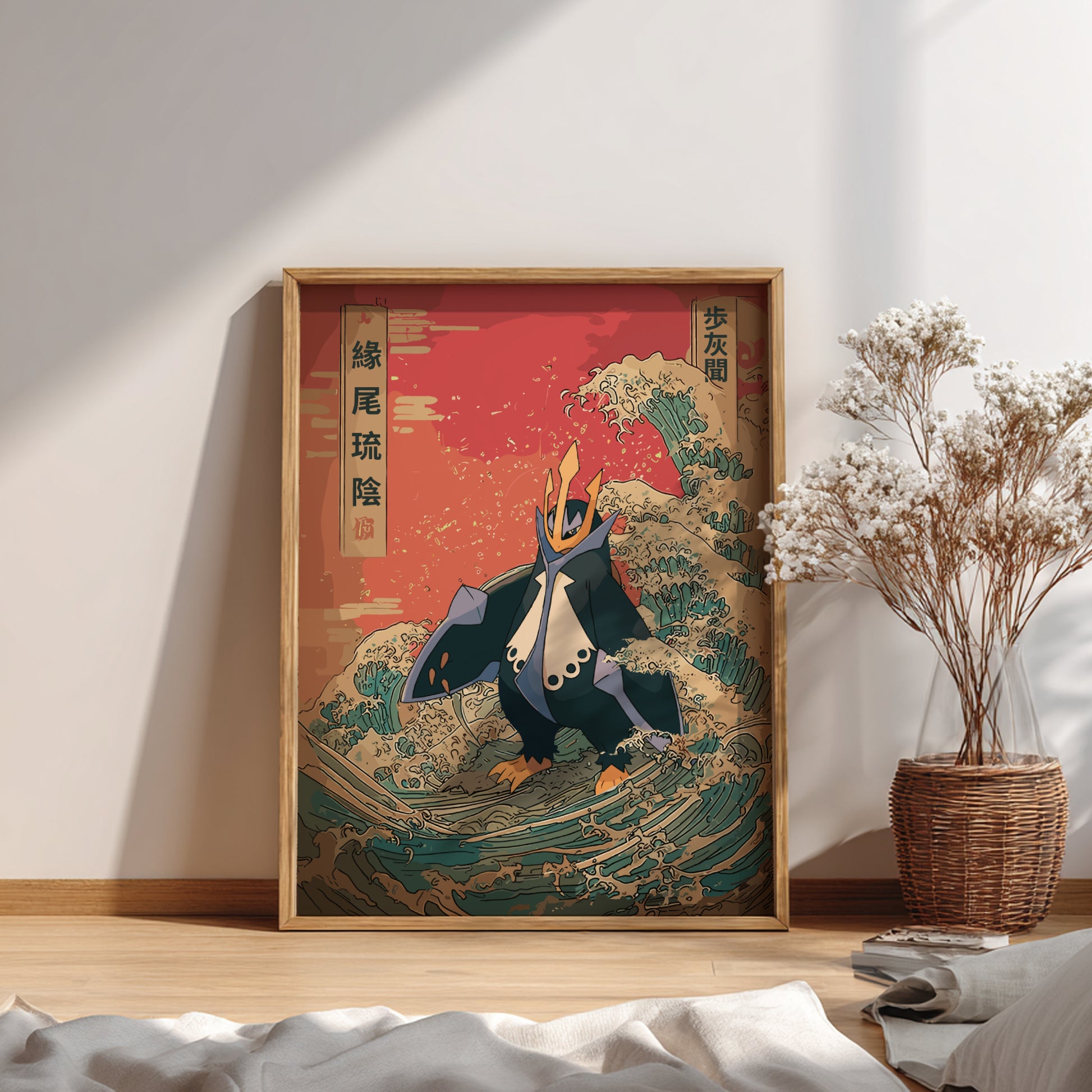 Framed artwork of a stylized Empoleon Pokemon character on a wave with Japanese text, placed on a wooden floor.