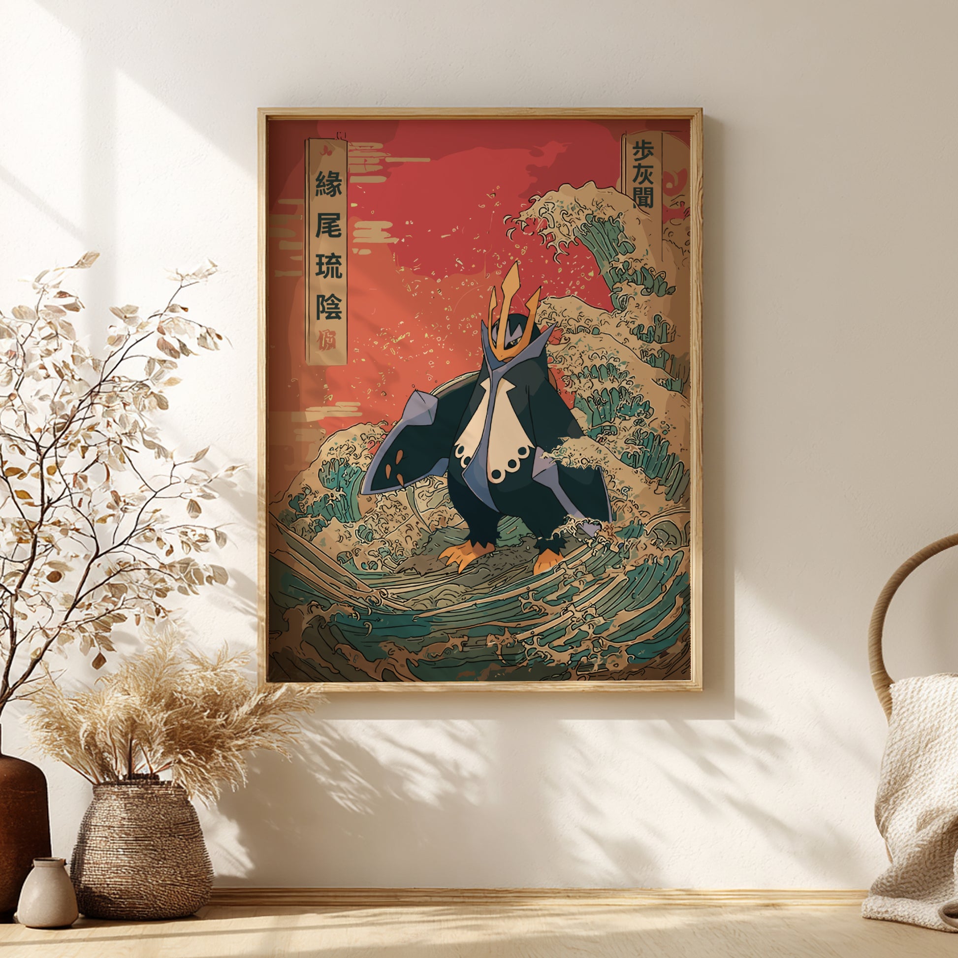 Framed artwork of Empoleon Pokemon character with a red background and waves, placed on a wall.