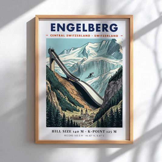 Vintage style ski jumping poster of Engelberg featuring a large jump and mountains.