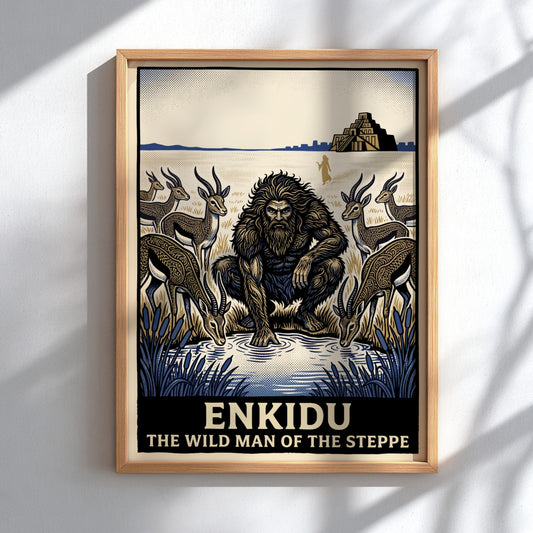 Enkidu wild man of the steppe poster with gazelles and a ziggurat background