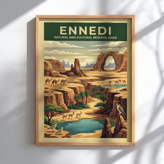 Ennedi poster featuring a desert landscape with warm tones and rock formations, perfect for wall decor.