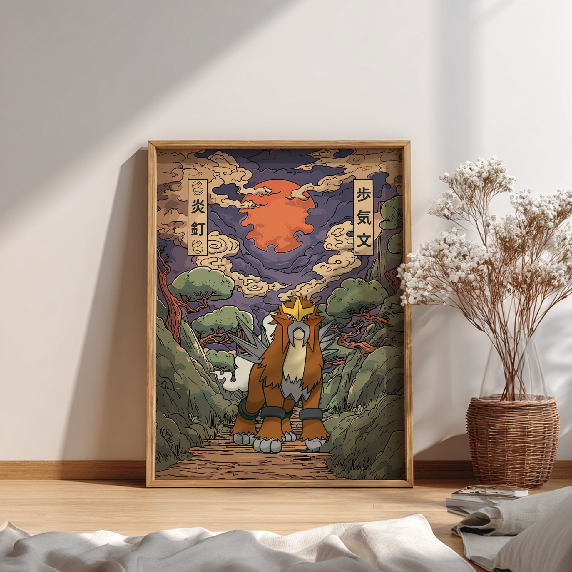 Framed artwork of a stylized Entei Pokemon in a natural setting on a wall.