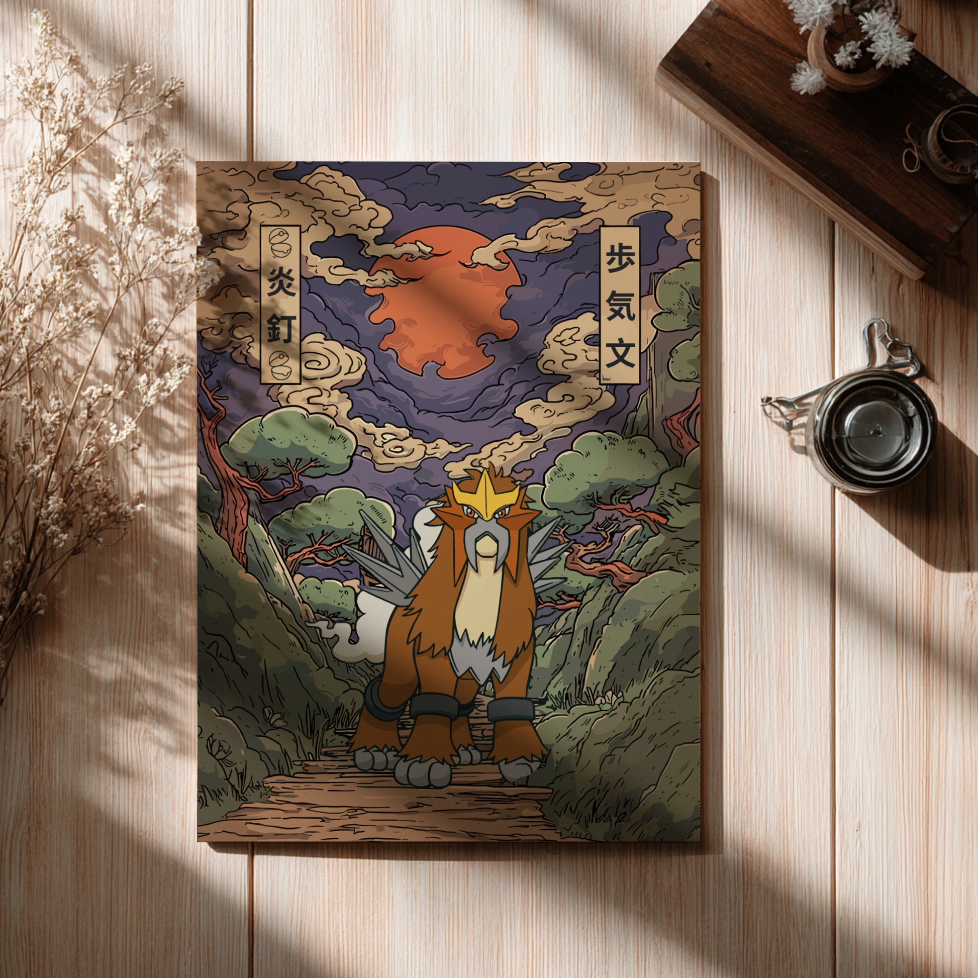 Decorative panel with Entei Pokemon illustration and Japanese text on a wooden surface.