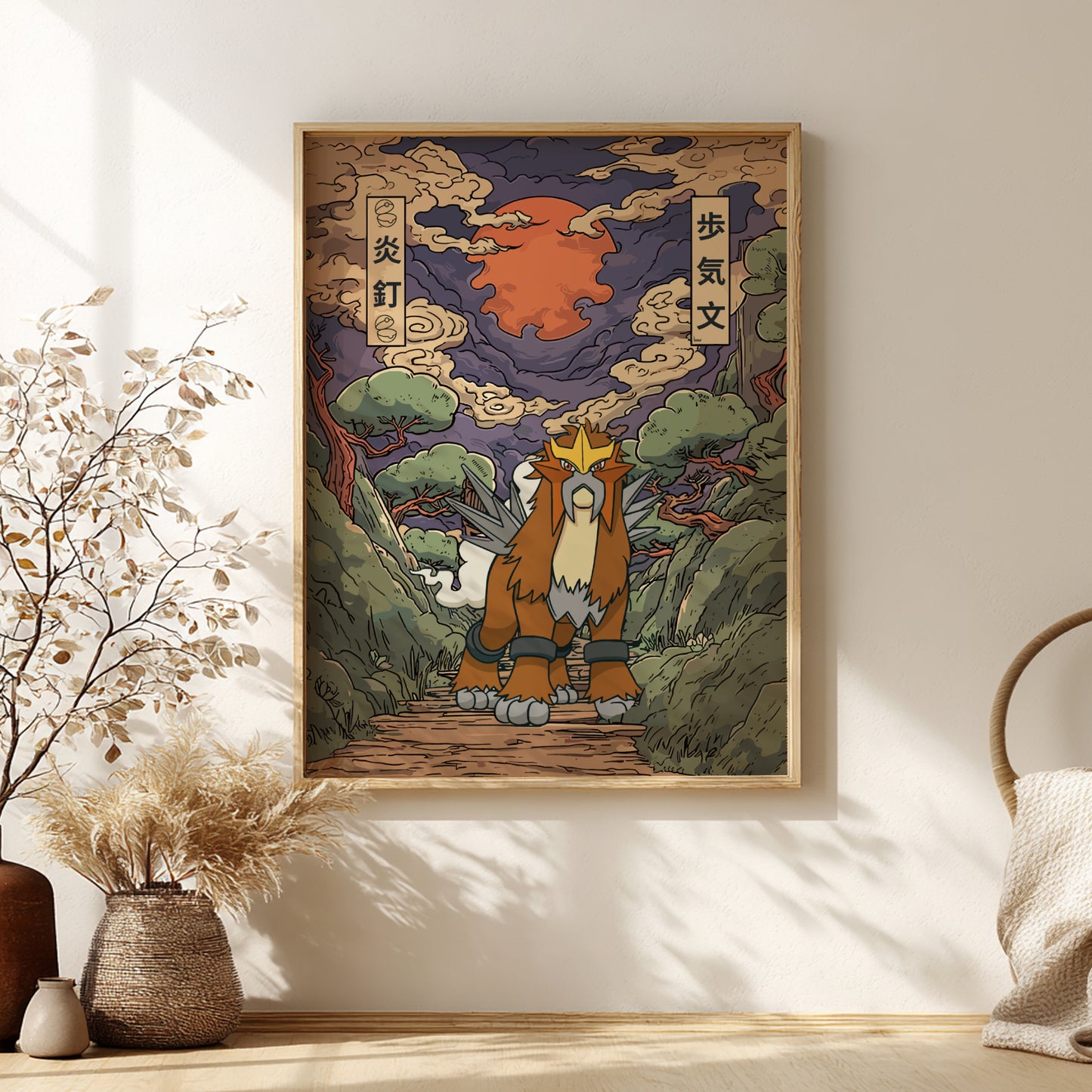 Framed artwork of Entei Pokemon in a natural setting on a wall with decorative elements.