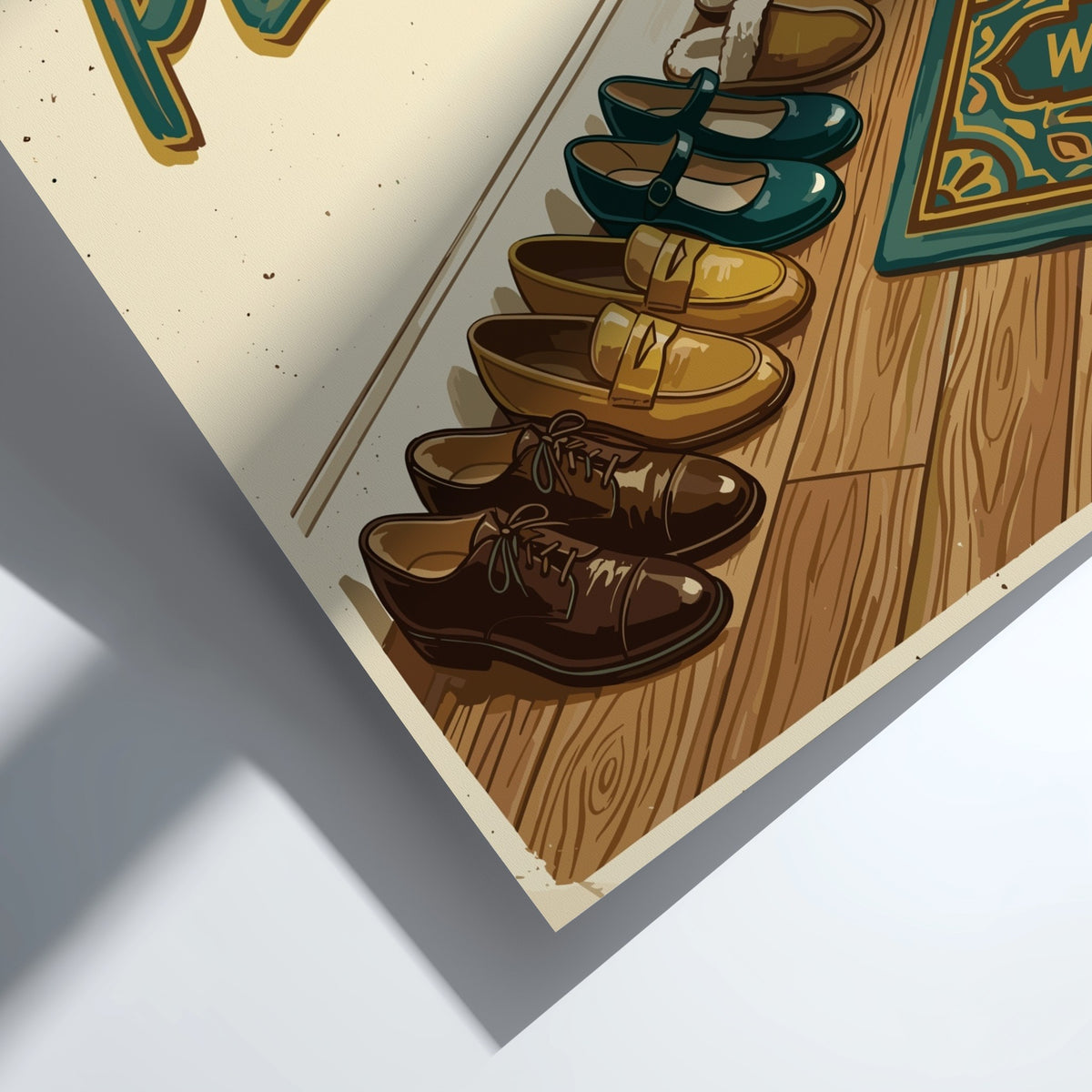 Poster featuring Shoes Off Please text above a row of loafers and slippers