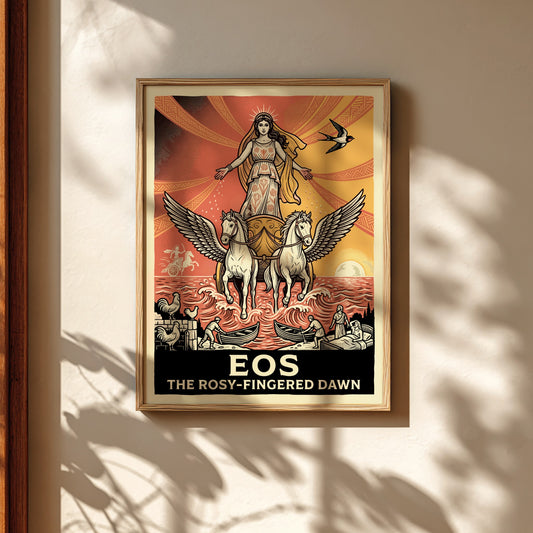 Eos Greek Mythology Poster featuring the goddess of dawn in a chariot with winged horses, retro style.