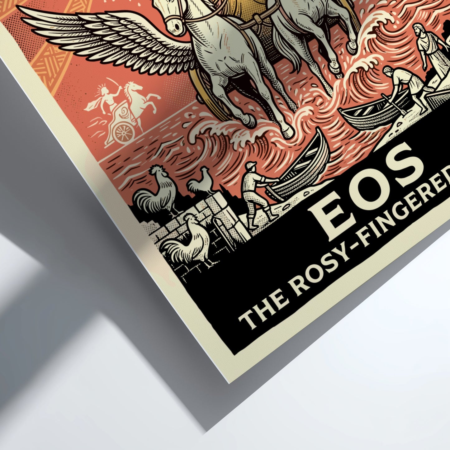 Eos Greek Mythology Poster featuring the goddess of dawn in a chariot with winged horses, retro style.
