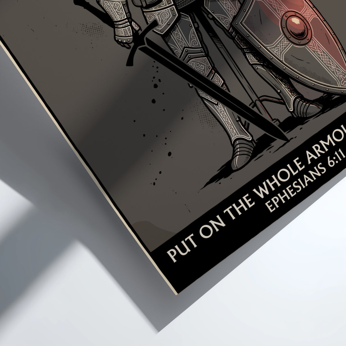 Poster featuring a knight in plate armor with a sword and shield, Ephesians 6:11.
