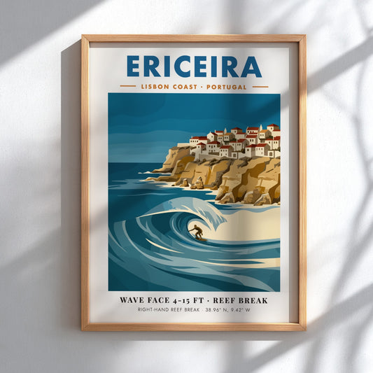 Vintage style poster of Ericeira Portugal featuring a surfer on a large wave