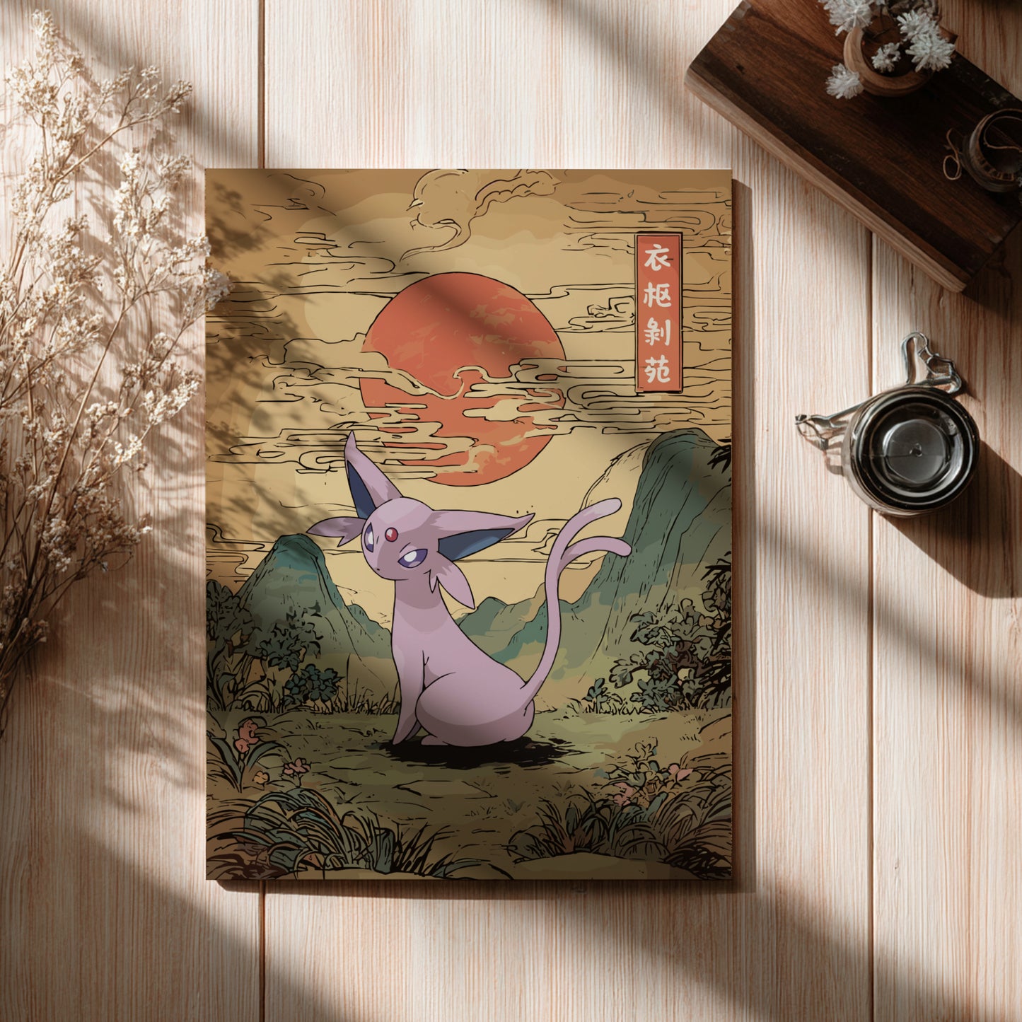 Canvas print with a stylizedEspeon Pokemon in a natural landscape on a wooden surface.