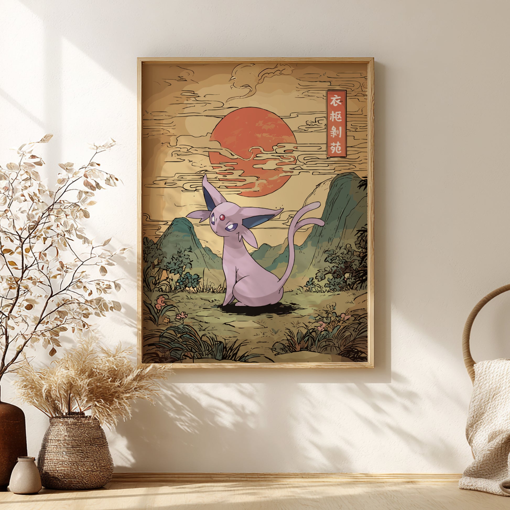 Framed artwork of a stylized Espeon Pokemon in a natural setting on a wall with decorative elements.