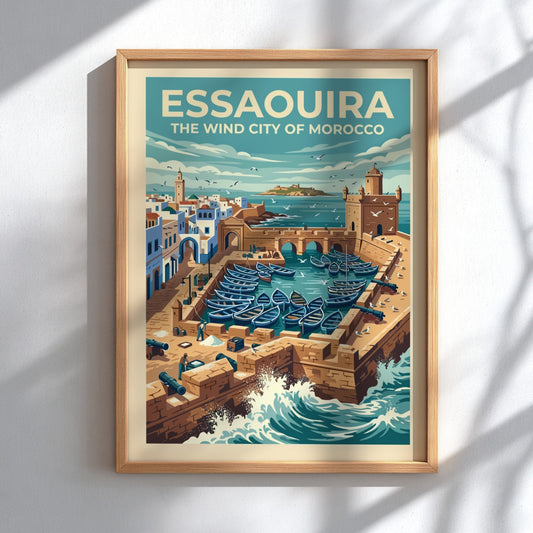 Travel poster of Essaouira Morocco featuring stone walls, blue fishing boats, and ocean waves.