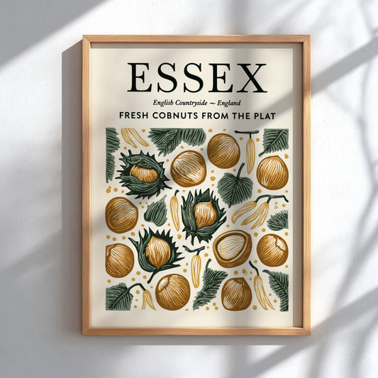 Essex kitchen poster featuring fresh cobnuts in earthy tones and greenery, perfect for kitchen decor.