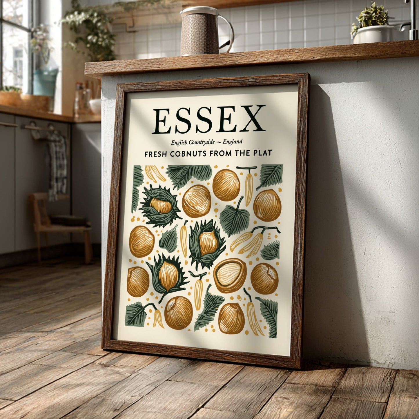 Essex kitchen poster featuring fresh cobnuts in earthy tones and greenery, perfect for kitchen decor.