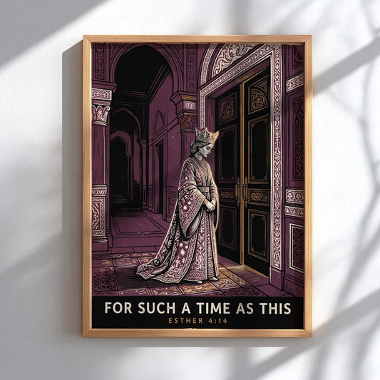 Poster featuring Queen Esther standing before palace doors in shades of deep purple.