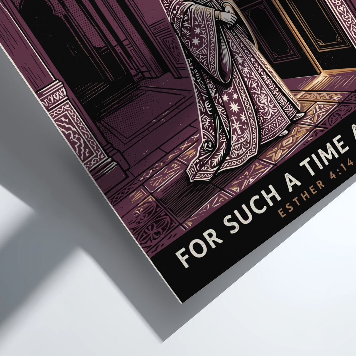 Poster featuring Queen Esther standing before palace doors in shades of deep purple.
