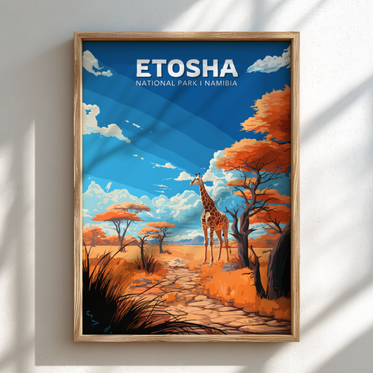 Framed artwork of Etosha National Park with a giraffe and acacia trees.