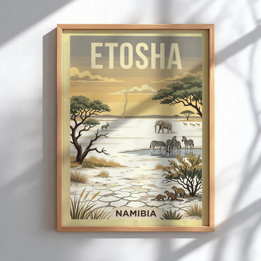 Etosha National Park poster featuring elephants, zebras, and warm landscapes in a wildlife art style