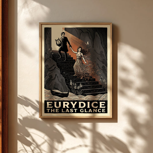 Eurydice poster featuring a graphic illustration of Orpheus leading Eurydice from the underworld up a