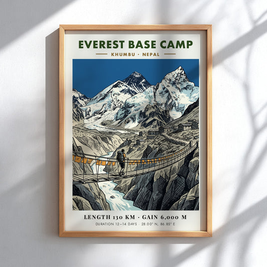 Everest Base Camp poster featuring a lone hiker crossing a suspension bridge below mountains.