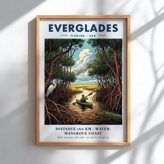 Everglades travel poster featuring a kayaker in mangrove waters with an egret and alligator.