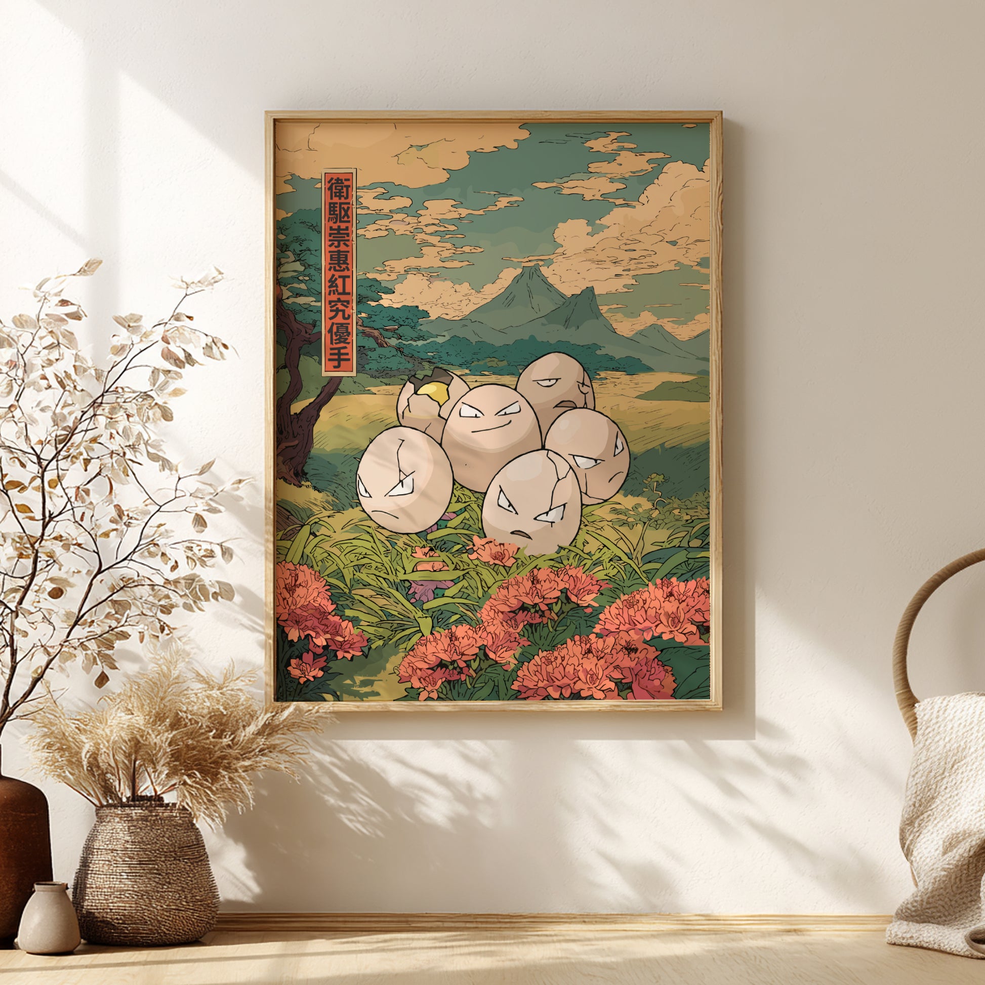 Framed artwork with Exeggcute Pokemon characters in a natural setting on a wall.
