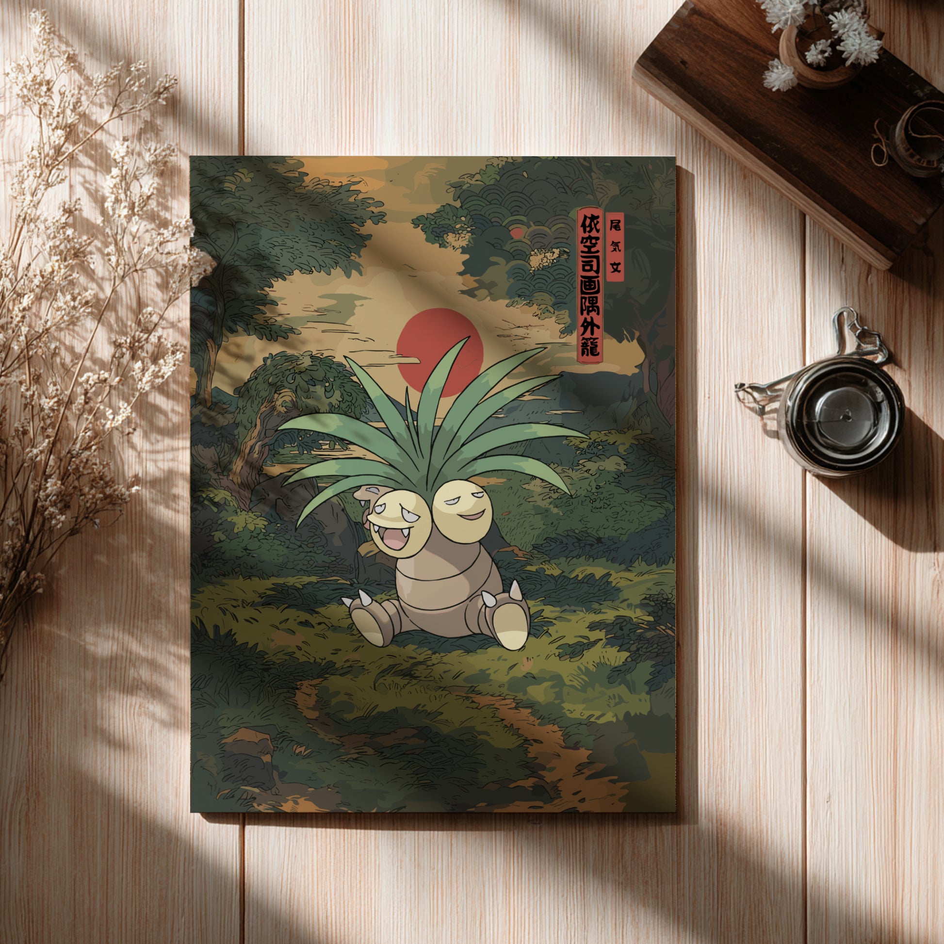 Illustration of Exeggutor Pokemon character on a wooden surface with a cup and dried flowers.