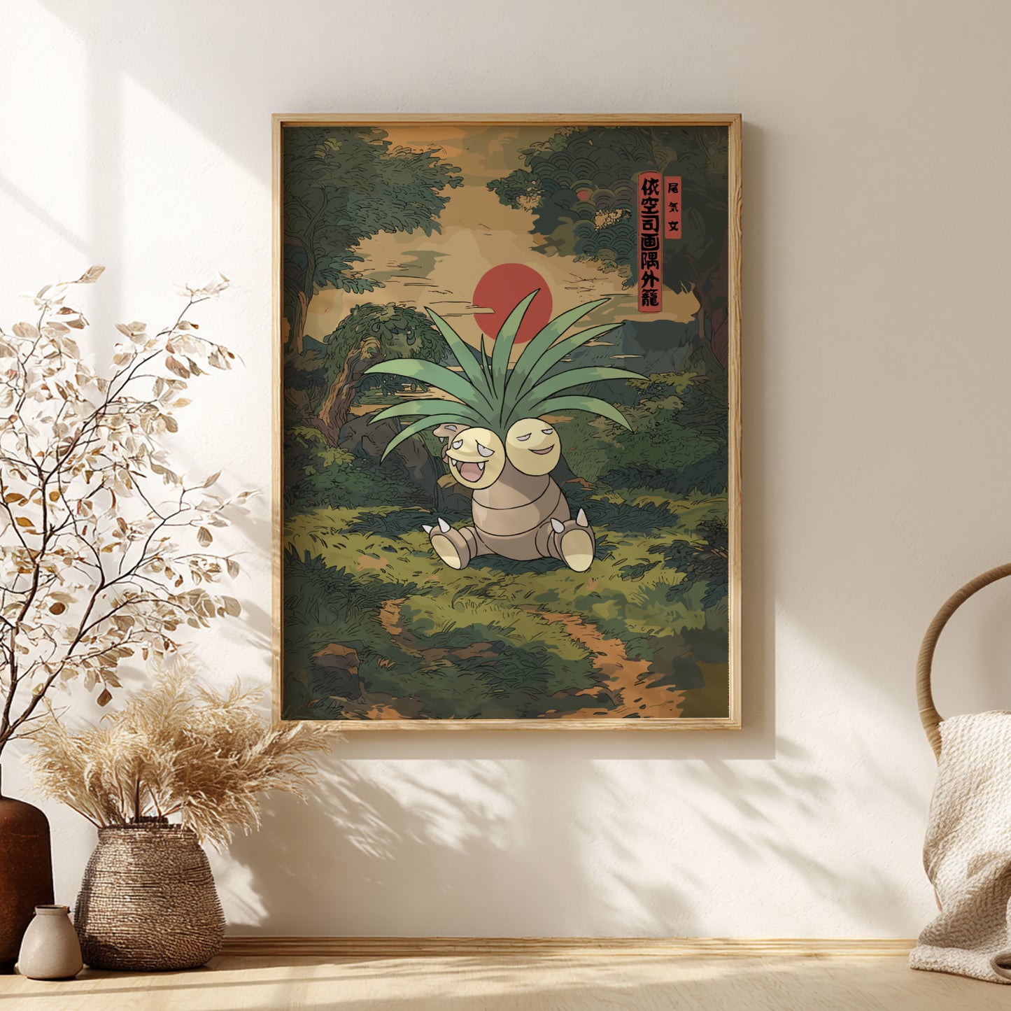 Framed artwork of Exeggutor Pokemon character in a natural setting on a wall with decorative elements.