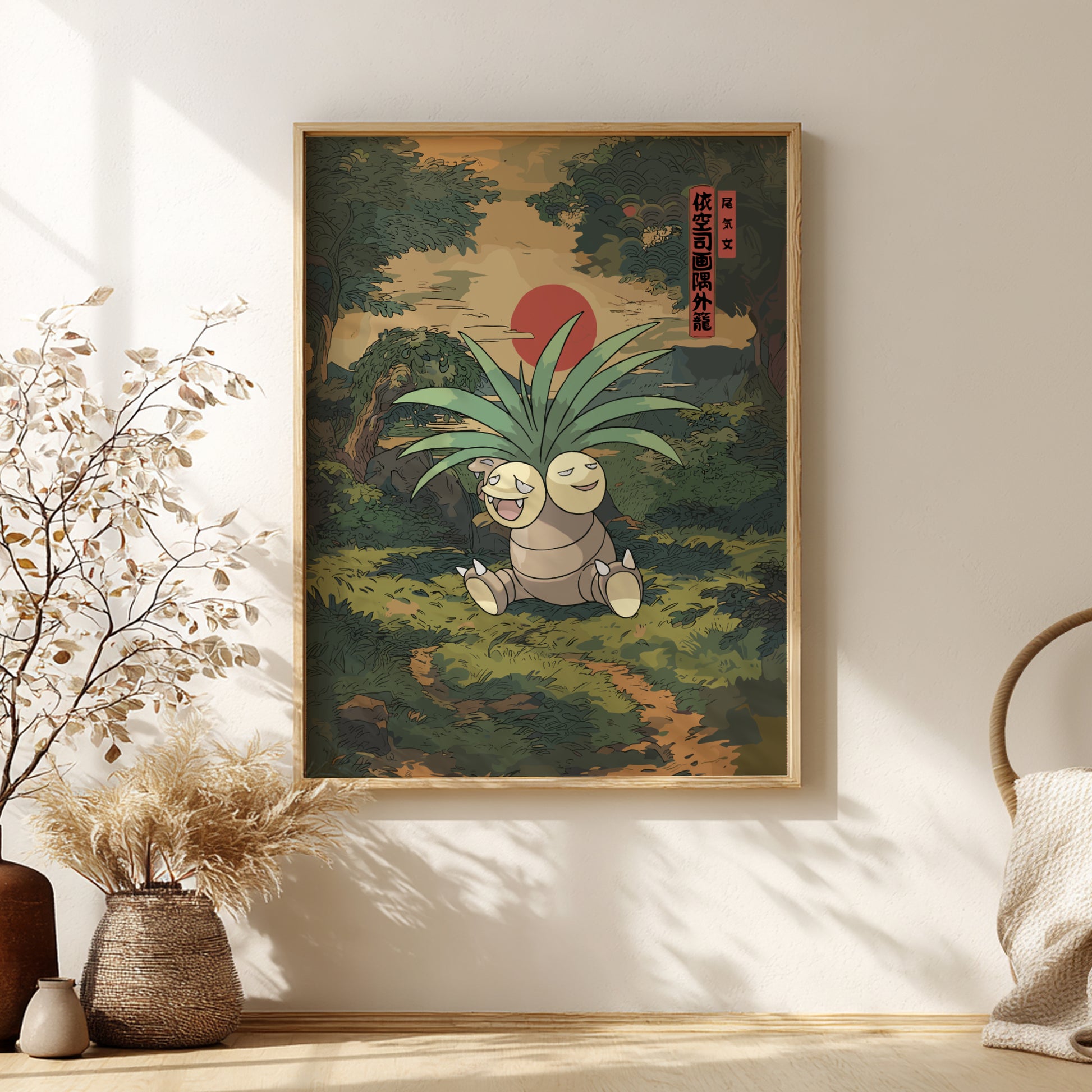 Framed artwork of Exeggutor Pokemon character in a natural setting on a wall with decorative elements.
