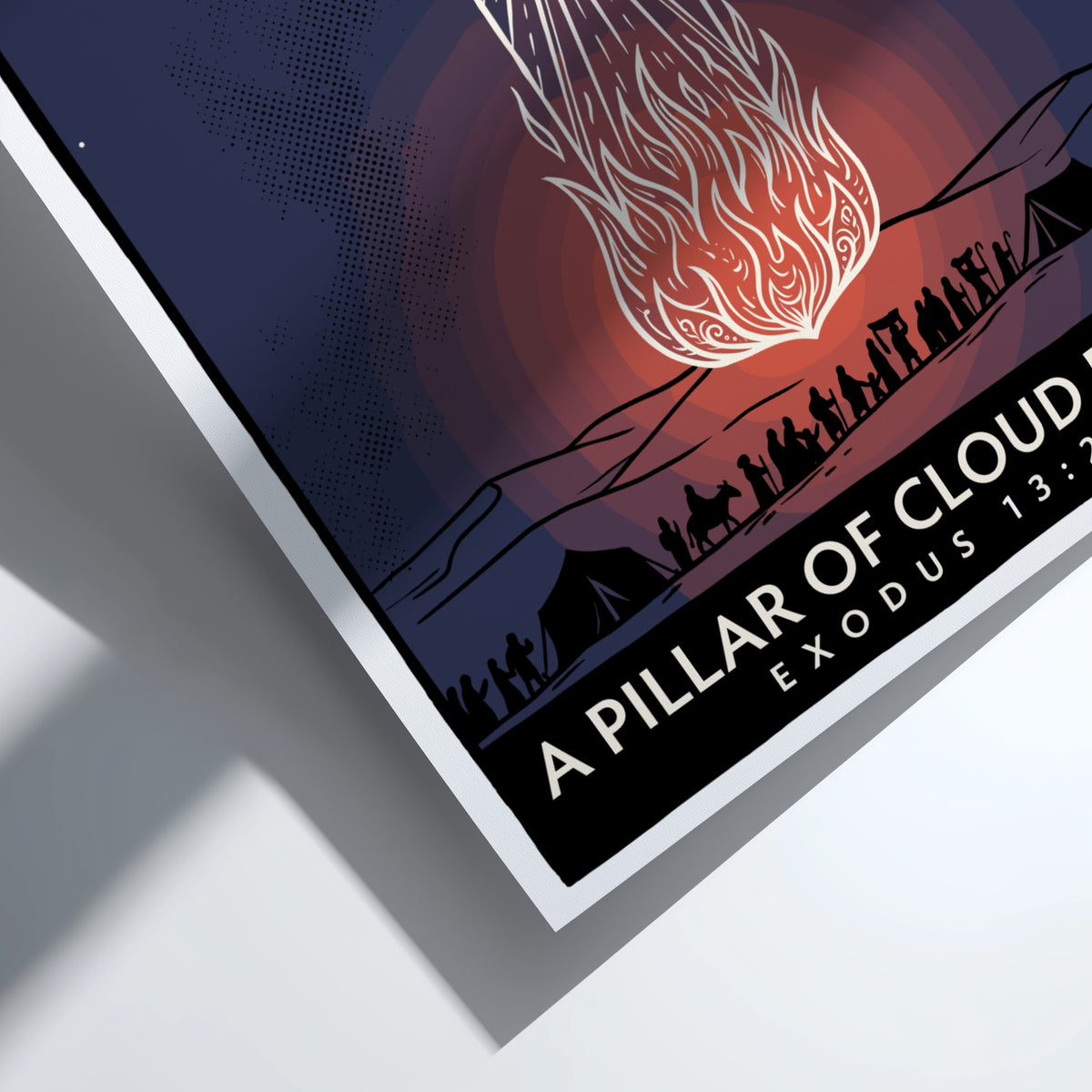 Poster featuring a swirling pillar of cloud and fire over desert travelers at night