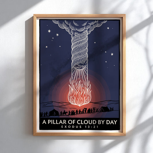 Poster featuring a swirling pillar of cloud and fire over desert travelers at night