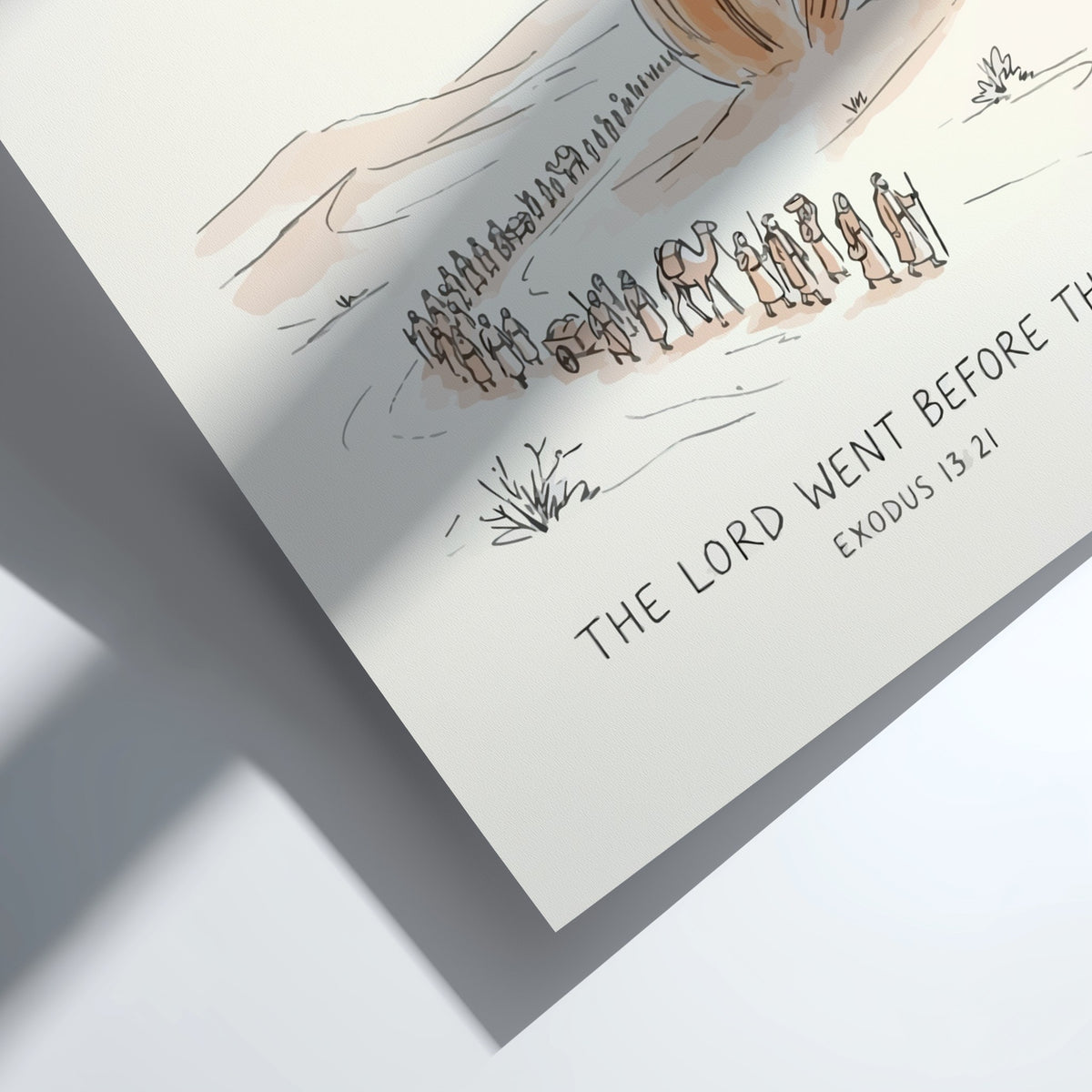 Poster featuring The Lord Went Before Them text with a desert caravan and fire